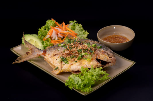 M24 - CRUNCHY GOLDEN PAMPANO FISH SERVED WITH GARLIC FISH SAUCE - Love Asia Restaurant & Bar